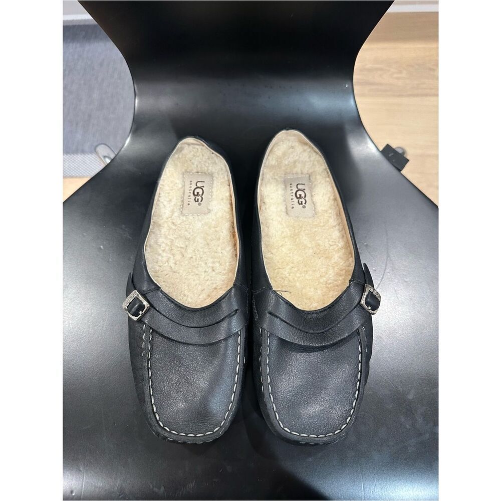 W6.5 UGG Black Leather Shearling-Lined Slip-On Moccasins NWOT
